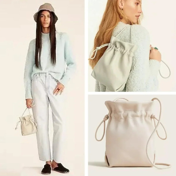 J. Crew Lisbon Cream Leather Drawstring Bucket Bag 27430 - Picture 1 of 8